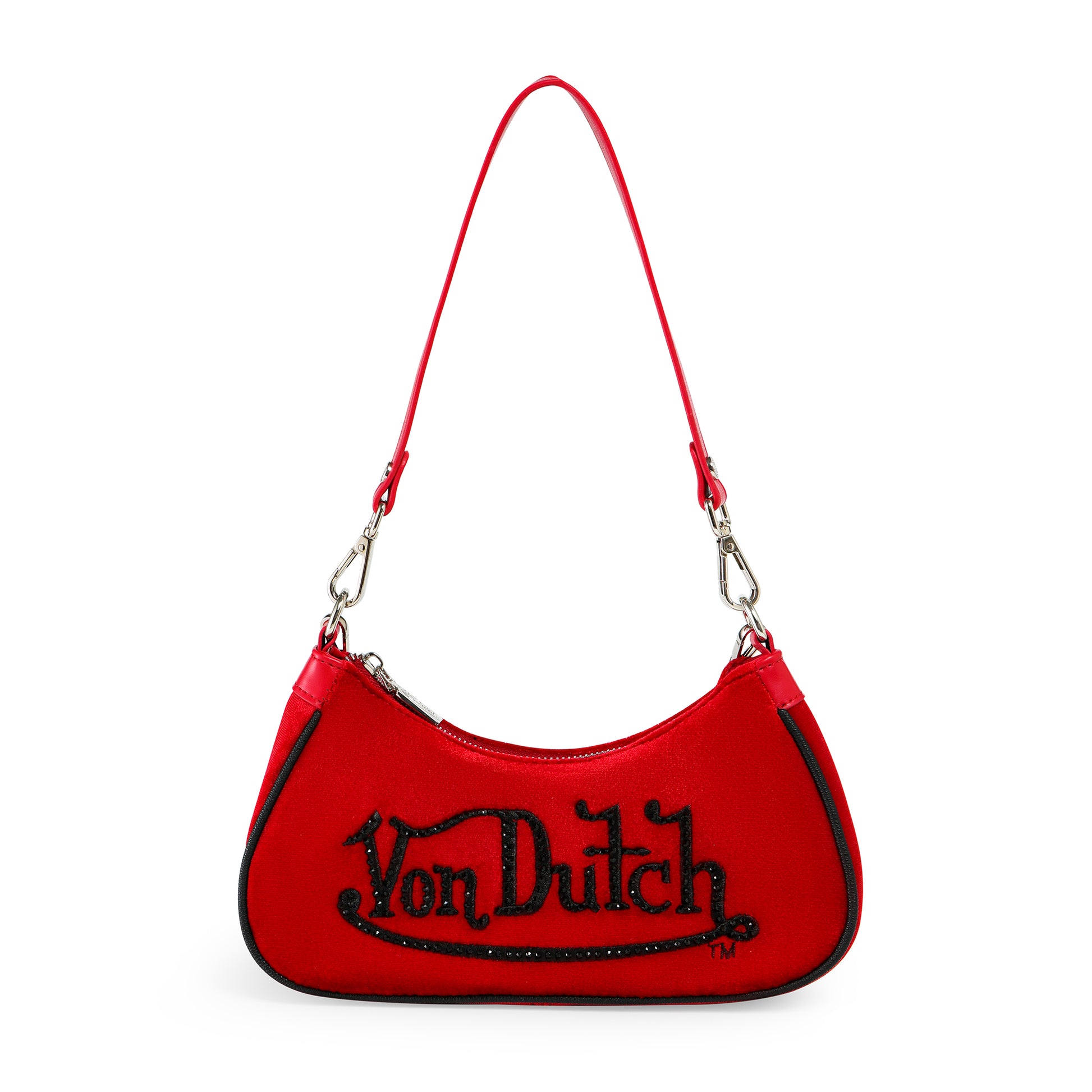 Red & Black Rhinestone Velvet Shoulder Bag