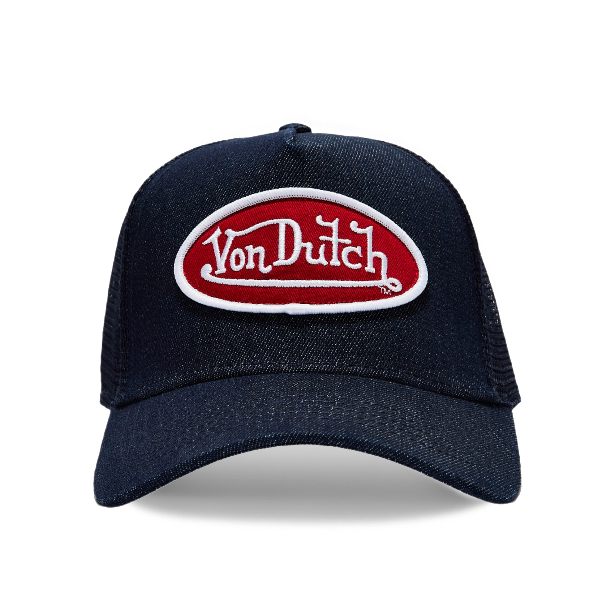 DARK DENIM WITH RED & WHITE LOGO TRUCKER HAT
