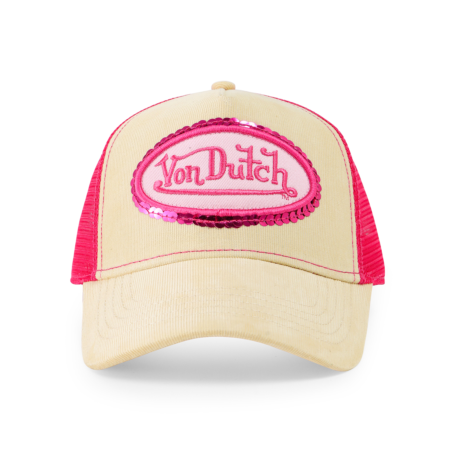 PINK SEQUIN ON BEIGE TRUCKER HAT
