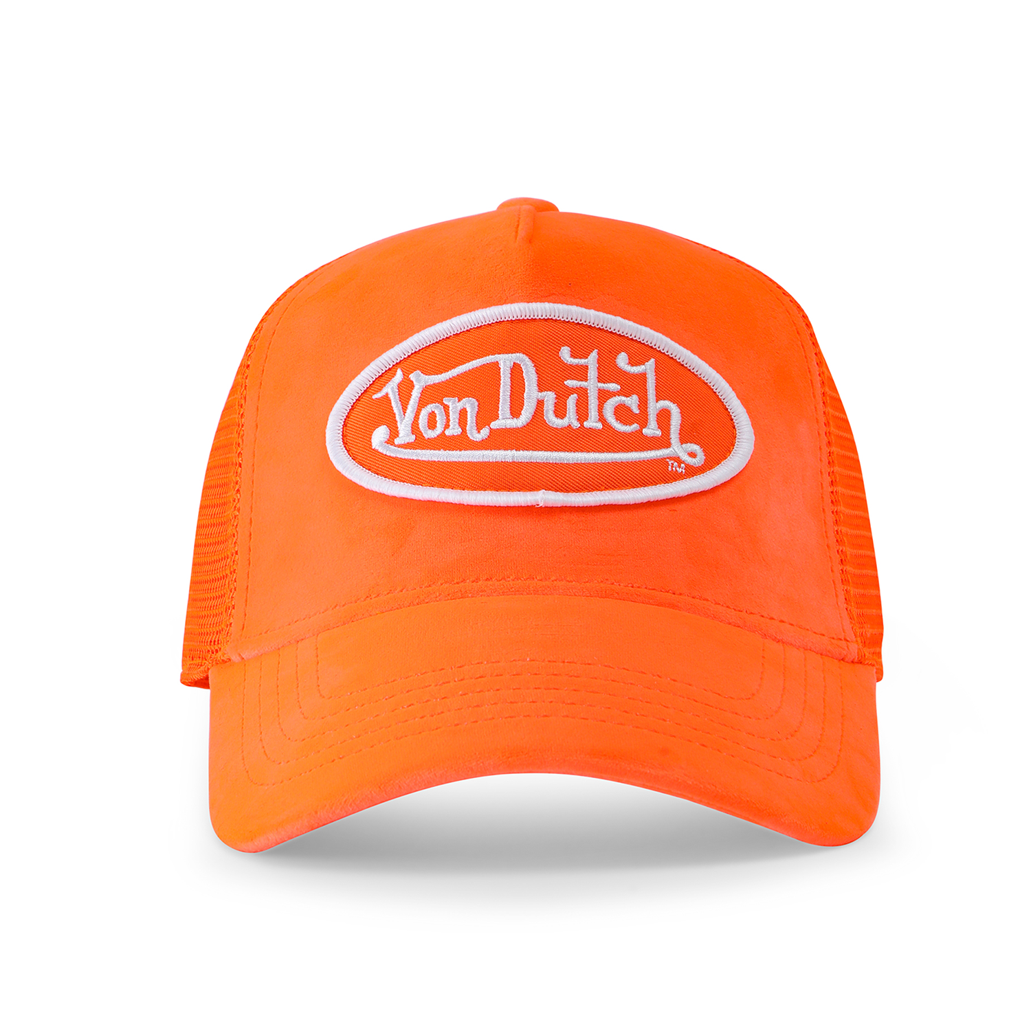 NEON ORANGE VELVET TRUCKER HAT